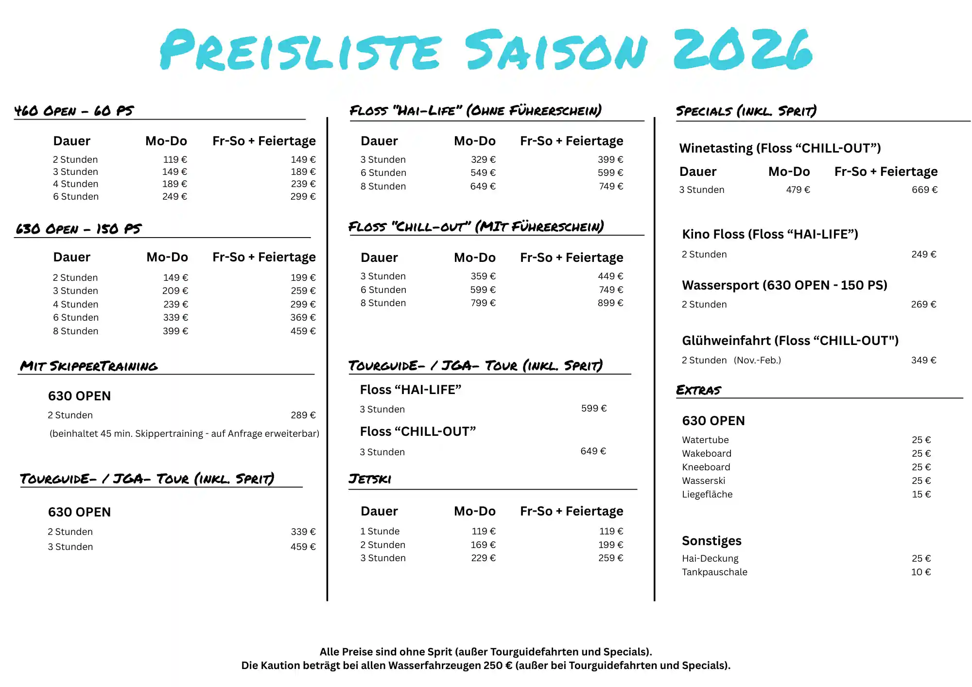 Preisliste Hai-Charter 2026